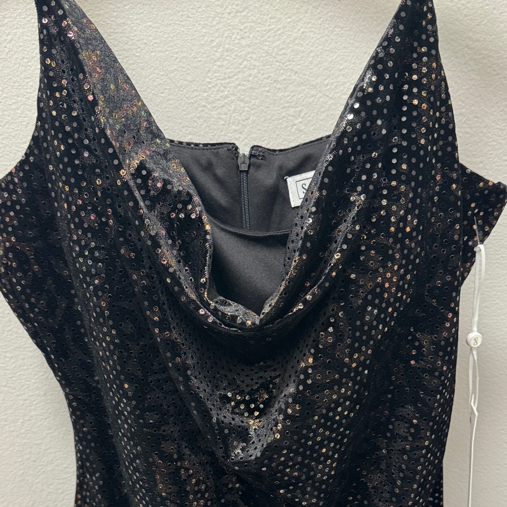 Black Sequin Mini Dress with Gold Chain Straps by Siena Size 16 - Picture 3 of 11